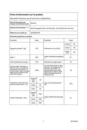 Lave-linge hublot Siemens wg56b2a2fr