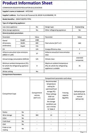 Cave de vieillissement Artevino OXM1T182PPD - UBAYE ELECTROMENAGER