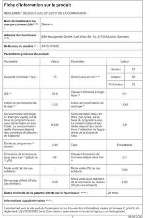Lave-vaisselle encastrable Siemens SX73HX10TE - iQ300 - ENCASTRABLE 60 CM