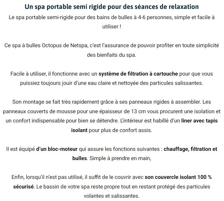 Spa gonflable NETSPA SPA PORTABLE SEMI-RIGIDE OCTOPUS OCTOGONAL BULLES 4-6 PLACES - NETSPA