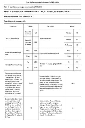 Lave-linge séchant Whirlpool FFDD1074489BVFR