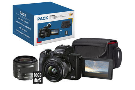 Appareil photo hybride CANON PACK EOS M50 MARK II NOIR + EF-M 15-45 MM F/3.5-6.3 IS STM + ETUI + CARTE SD 16 GO