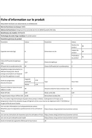 Sèche-linge à condensation Smeg DNP82SEIN